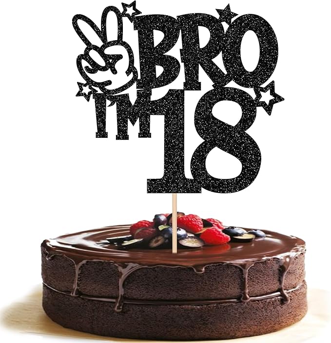 1 PCS Brother I'm 18 Cake Topper Glitter Star Happy 18th Birthday Cake Pick Bro I'm 18 Cake Decoration It's My 18th Birthday Decorations for Boys Cheers to 18 Years Old Birthday Party Supplies Black