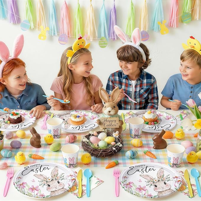 50PCS Easter Party Supplies Happy Easter Party Decorations Vintage Bunny Flower Paper Plates Napkins Cute Rabbit Wlidflower Themed tableware for Spring Holiday Picnic Serve 25