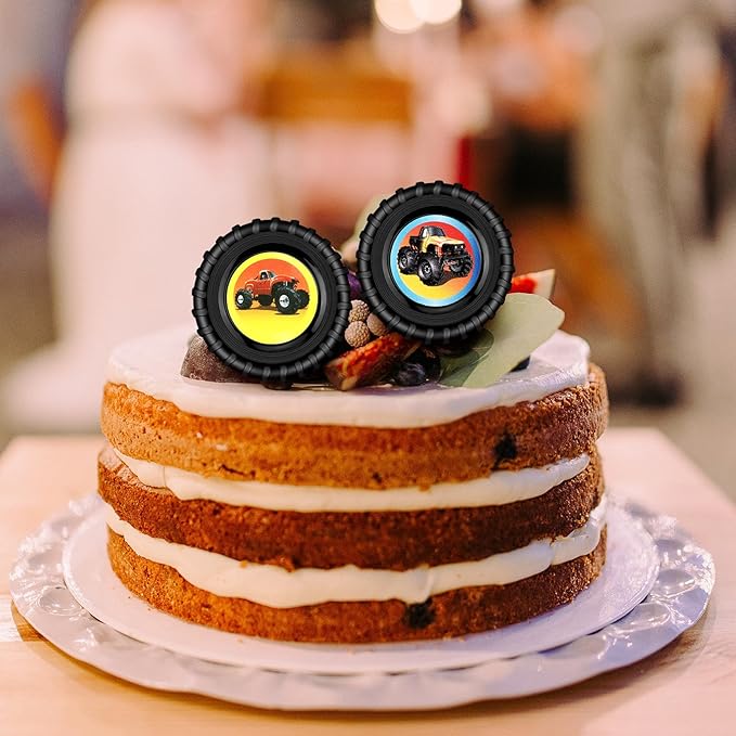 Chuangdi 48 Pieces Truck Cupcake Rings Monster Truck Cupcake Toppers Rings Colorful Car Monster Trucks Birthday Cake Decorations for Race Car Party Supplies 4 Styles