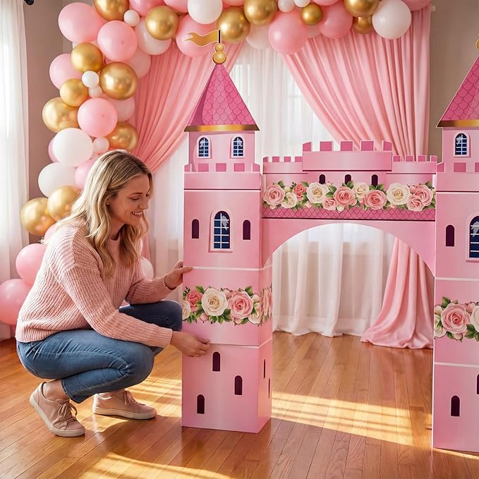 Pajean 9 Pcs Princess Party Decorations 43 x 60 Inch Pink Princess Cardboard Castle Playhouse Kit Floral Castle Fort Set Girl Birthday Centerpiece for Bridal Shower, Tea Party, Wedding Decor