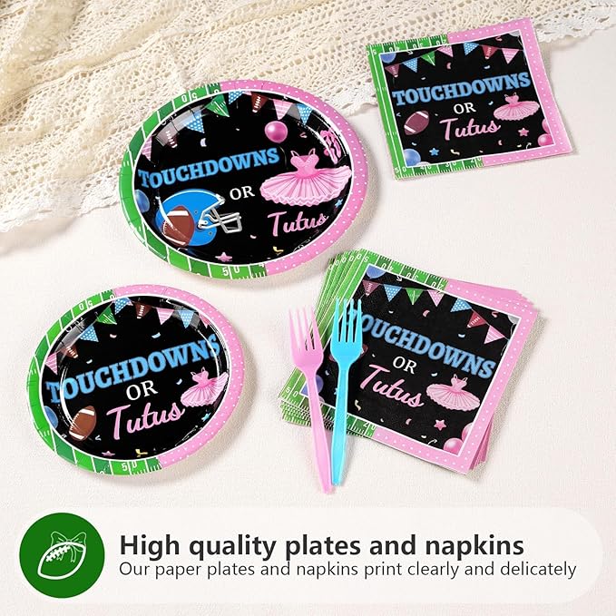 96 Pcs Football Gender Reveal Party Supplies Touchdown or Tutus Gender Reveal Plates and Napkins Tableware Set Ballet or Football Gender Reveal Party Decorations for Boy or Girl Baby Shower Serves 24
