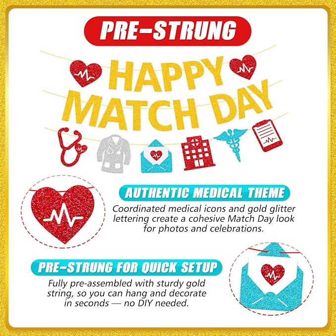 Happy Match Day Banner Medical Residency Match Day Party Decorations for Future Doctor Medical School Graduation Party Supplies (Gold)