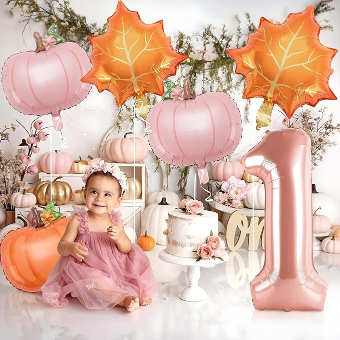 6pcs Little Pumpkin Is Turning One Decorations First Birthday Decorations for Girl with 40" Rose Gold One Balloon, Dusty Pink & Orange Pumpkin Foil Helium Balloons for Fall Birthday