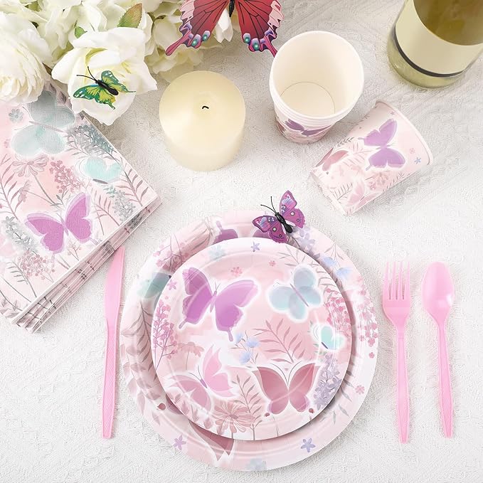 350 Pcs Butterfly Party Supplies Tableware Set Disposable 9'' 7'' Paper Plates 9 oz Cups Cutlery Napkins Dinnerware Set for 1st Birthday, Serve 50 (Butterfly, Purple, Pink)