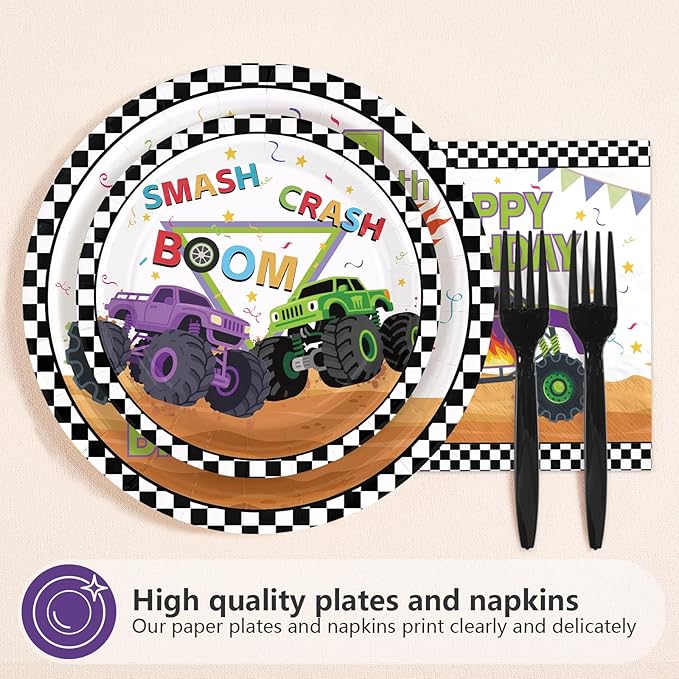 96Pcs Monster Theme Truck 4th Birthday Party Decoration Monster Birthday Plates and Napkins Green Purple Truck Disposable Paper Tableware Set for Kids Boys 4th Party Supplies Serves 24
