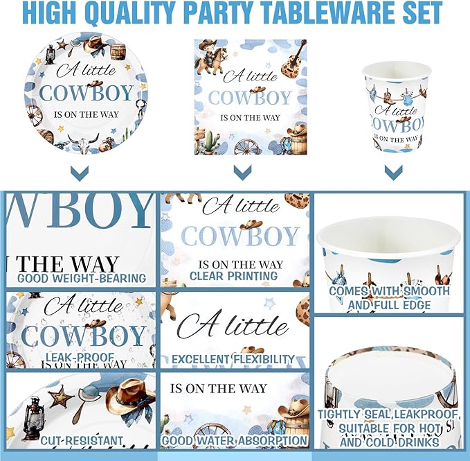 Hushee 200 Pcs a Little Cowboy Is on The Way Baby Shower Paper Plates Napkins Cups Baby Shower Party Supplies Tableware Set Cowboy Disposable Cup Napkin for 50 Guest Boy Girl Spring Decoration