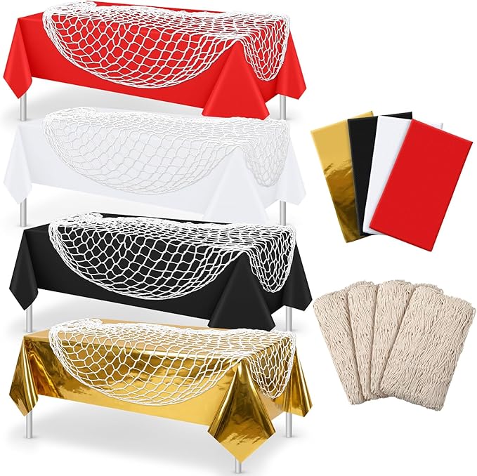 Unittype 8 Pcs Fish Net Decorative and Tablecloth Set, Cotton Fishnet and Plastic Table Cover Decorations Set for Nautical Themed Party Baby Shower Pirate Decorations Mermaid Party (Pirate Color)