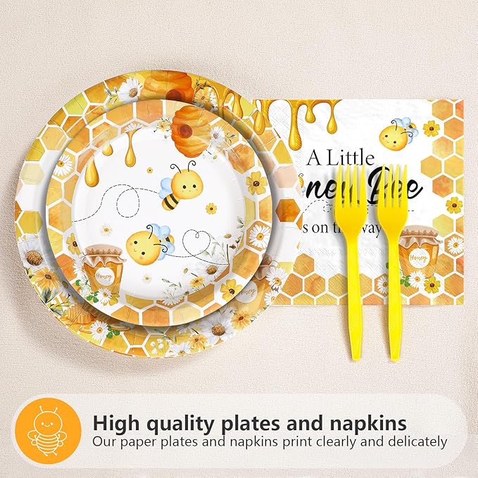 96Pcs Bee Baby Shower Decorations Honey Bumble Bee Baby Shower Plates and Napkins Tableware Sets A Little Honey is On The Way Party Decoration for Bees Gender Reveal Birthday Party Supplies Serve 24