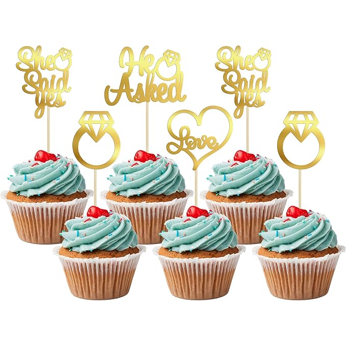 Gyufise 24 Pack Light Gold Glitter He Asked She Said Yes Cupcake Toppers Diamond Ring Heart Love Cake Picks for Wedding Engagement Party Cake Decorations