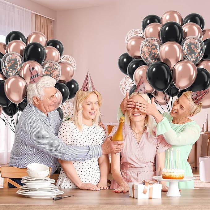 60pcs Rose Gold and Black Balloons 12inch with Rose Gold Confetti Balloons for Wedding Graduation Baby Shower Birthday Party Decoration
