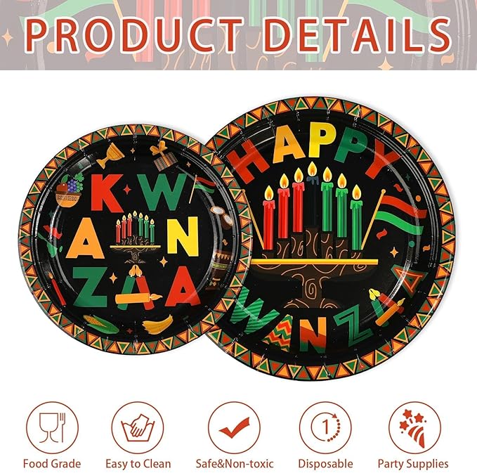 200 Pcs Kwanzaa Party Decorations Africans American Traditional Festival Paper Plates and Napkins Happy Kwanzaa Tableware Set for African Heritage Holiday Party Decorations Serves 50