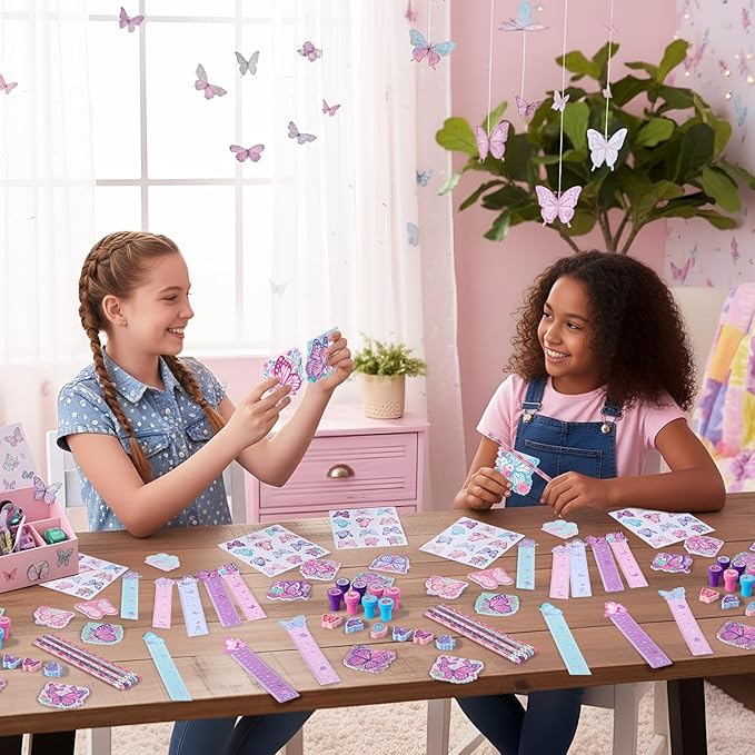 Pajean 168 Pcs Butterfly Party Favors Set Butterfly Fairy Stationery Bulk for Kids Purple Pink Pencil Notebook Ruler Stamp Goodie Bag Stuffers for Spring Birthday Tea Party Items Rewards