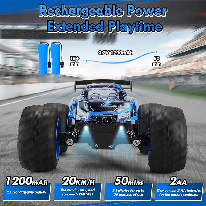 Remote Control Car, 1:18 Rc Cars, All-Terrain RC Truck with LED Light, 20KM/H, Rechargeable, 2WD, 2.4GHz, Sturdy PVC Shell, Remote Control Truck for Boys 4-7 8-12, Beginner