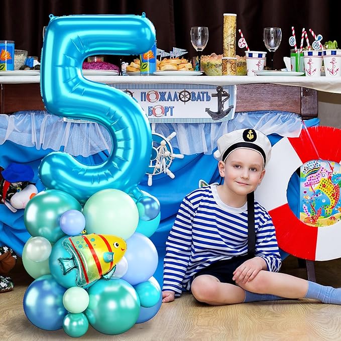 40 Inch Number 5 Balloon Blue Ocean Under the Sea Number Five Foil Balloons Tower with Shark Bubble Fish for Boys 5th Birthday Party Decor Blue Green Underwater Digital Aluminum Balloons Stack
