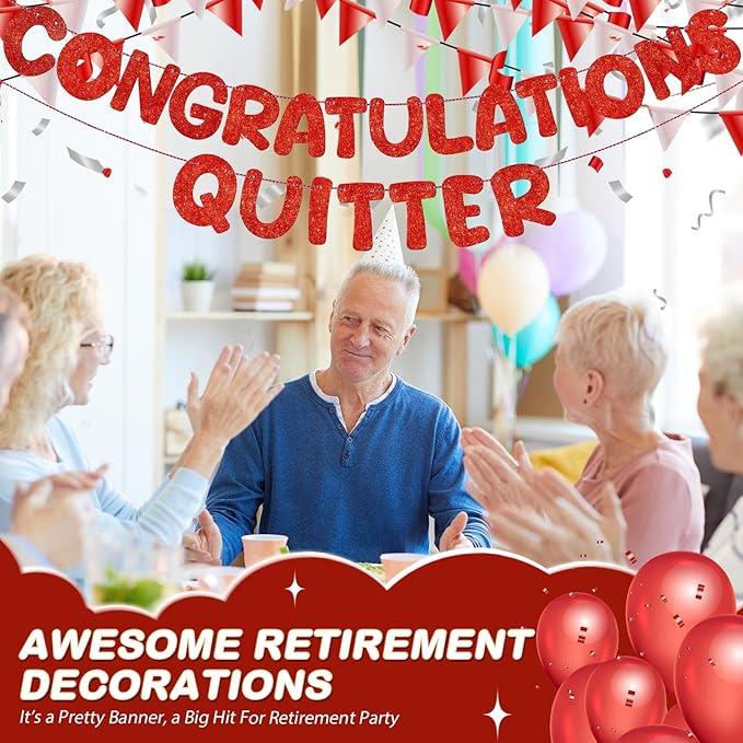 Fulmoon Pre Strung Congratulations Quitter Glitter Banner Funny Retirement Banner Graduation Party Decorations Going Away Supplies Garland for Men Women Gifts, No DIY(Red)