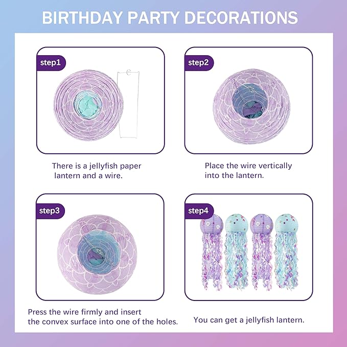 Mermaid Birthday Decorations For Women,Colorful Jellyfish Lanterns,Happy Birthday Backdrop,Banner Balloons,Table Cloth,Paper pom poms Party Supplies for Girls