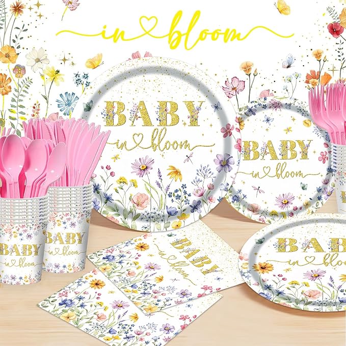 Wildflower Plates and Napkins Party Supplies - 350PCS Spring Floral Paper Plates Baby Shower Birthday Decorations Disposable Tableware Sets for Spring Summer Picnic Wedding Tea Party, Serve 50 Guests