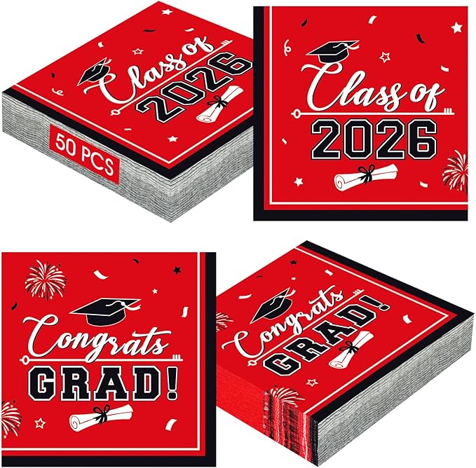 50 Pcs Graduation Napkins Class of 2026 - Red Congrats Grad Napkins Set, 3-Ply Disposable Graduation Luncheon Dinner Party Paper Napkins for Grad Party Supplies Table Decoration