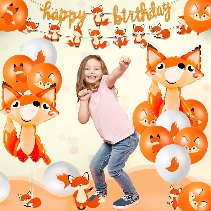Lenwen 34 Pcs Jungle Animal Themed Party Decorations Cute Fox Birthday Party Supplies Include Farm Zoo Theme Banner, Balloons for Boy Girl Birthday Baby Shower Wedding Graduation