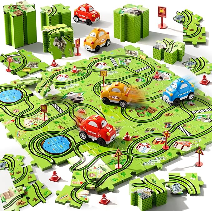 64PCS Puzzle Track Car Set Toys for Kids Boys, Toddler Toys Gifts for 3 4 5 Year Old, Floor Puzzle Tracks Car for Boys Ages 3-5 4-6, for 3 4 5 6 Year Old