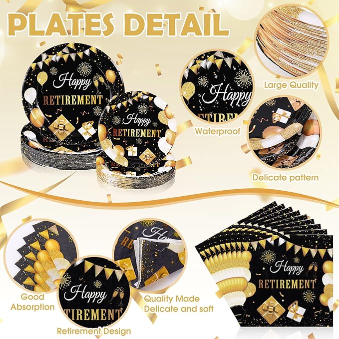Zhehao 101 Pcs Retirement Party Tableware Set Black and Gold Happy Retirement Party Supplies Includes 50 Paper Plates, 50 Napkins and 1 Tablecloth for Men Women Say Goodbye