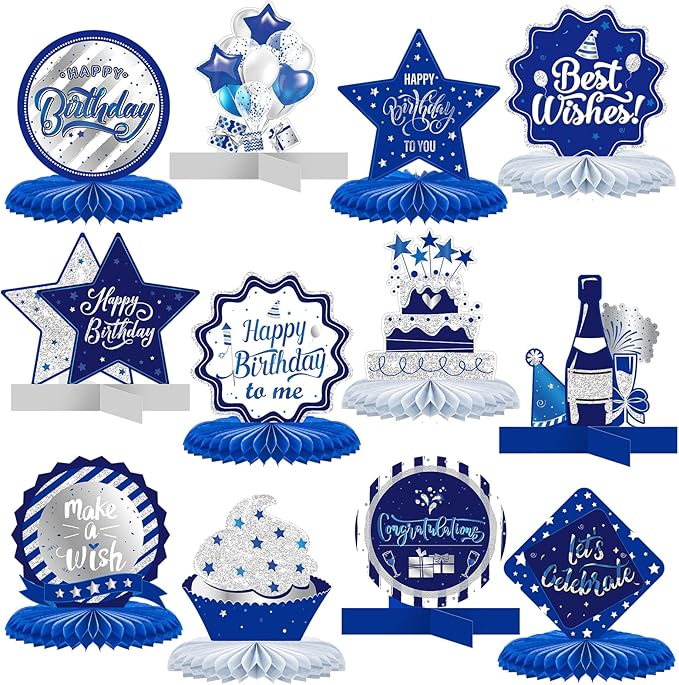 Clabby 12 Pieces Birthday Table Decorations Blue Honeycomb Centerpieces for Table Decor Cute Birthday Honeycomb Topper for Women Men Anniversary Theme Party Supplies Photo Props