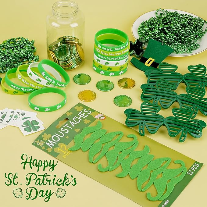 174 Pcs St. Patrick's Day Accessories Party Favor Set, Include Shamrock Glasses, Green Beads Shamrock Necklaces, Tattoos, Mustache, Bracelets, Coins, St Patricks Day Decorations Irish Party Supplies