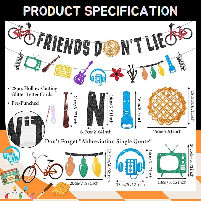 Glitter Friends Don't Lie Banner for Birthday Party Decorations Upside Down Friendship Banner Stranger Party Decorations for Boys Girls 80s Retro Party Supplies Birthday Backdrop Wall Decors Photo Props