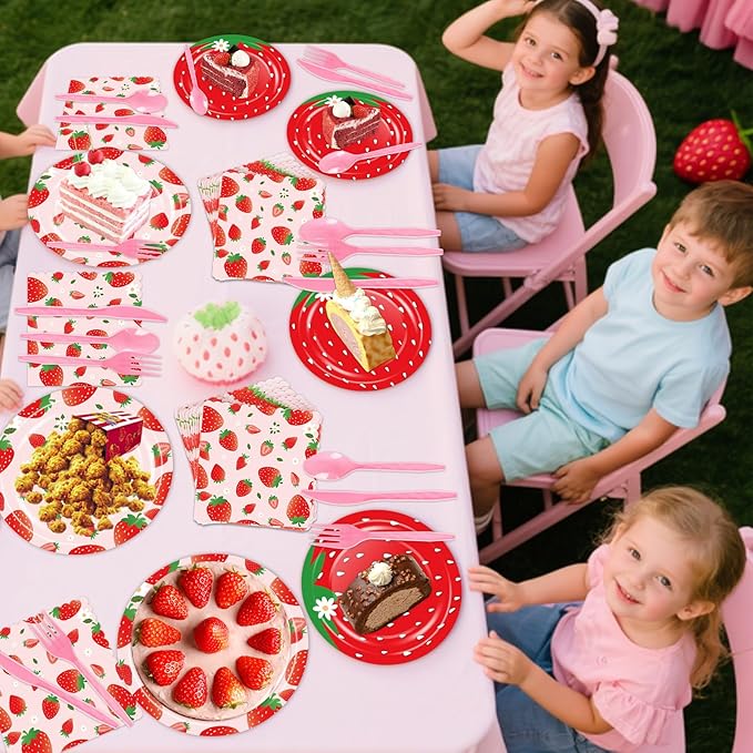 OuMuaMua 177Pcs Strawberry Birthday Party Plates Napkins Banners Supplies Summer Fruit Disposable Tableware Set for Girls Berry First Sweet One 1st Baby Shower Strawberry Theme Decorations, Serves 25