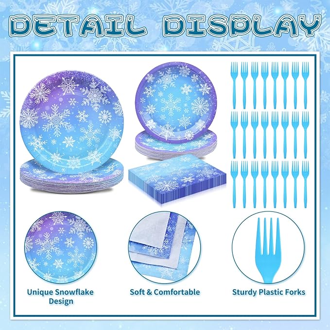 96 Pieces Snowflake Winter Party Supplies Set - Blue White Snowflake Design Disposable Tableware with Paper Plates, Napkins, Forks for Christmas, Winter Wonderland, Frozen-Themed Birthday Decorations