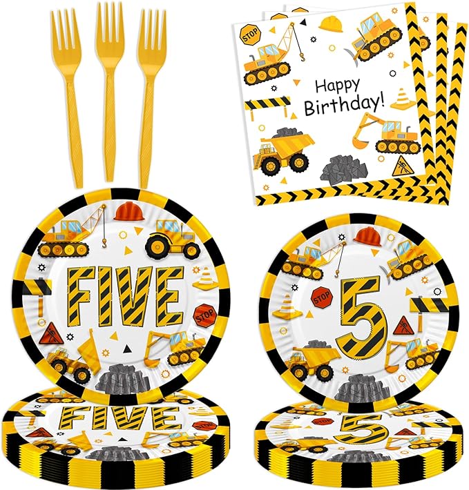 Letromp Construction 5th Birthday Decorations Construction Five Years Old Disposable Paper Dinner Plates Napkins Forks Dinnerware for Dump Truck Theme Fifth Birthday Party Supplies Decorations