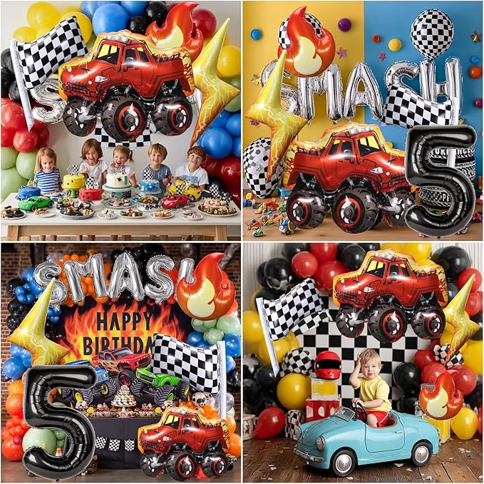 Truck Number 5 Balloons, Huge Truck Flags Lightning Flame Stars Aluminum Foil Balloons for 5th Birthday, Race Car Theme Party Decorations Supplies