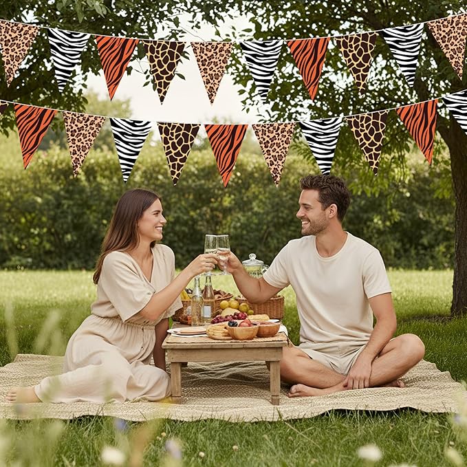 HESTYA 5 Pieces 49 Feet Safari Party Pennant Banner Jungle Party Decorations Wild Animal Triangle Flags Bunting Banners for Safari Jungle Zoo Birthday Wild One Decorations Supplies