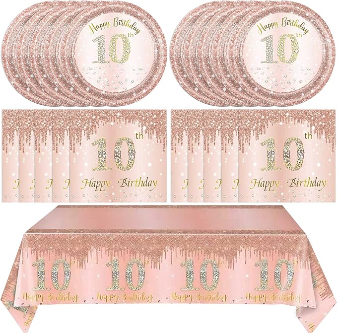 41 Pcs 10th Birthday Decorations for Girl,Rose Gold Happy 10 Years Old Ten Birthday Party Tableware Set 10th Birthday Party Plates and Napkins,Tablecloth for Kids Girls Teenager Favors