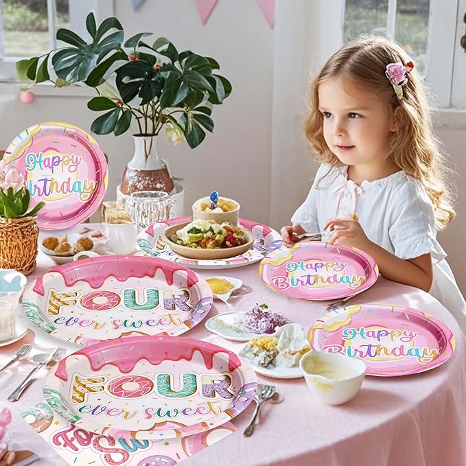 Grencian 96 Pcs Four Ever Sweet Donut Birthday Decorations Girl 4th Donut Themed Plates and Napkins Forks Disposable Tableware Set for Kids Girl 4 Year Old Birthday Party Supplies Favors Serves 24