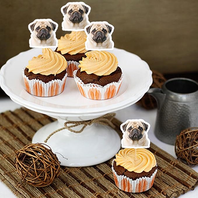 Ercadio 24 Pcs Pet Dog Puppy Cupcake Toppers Dog Themed Birthday Party Supplies Cute Pugs Puppy Birthday Party Baby Shower Party Cake Decorations