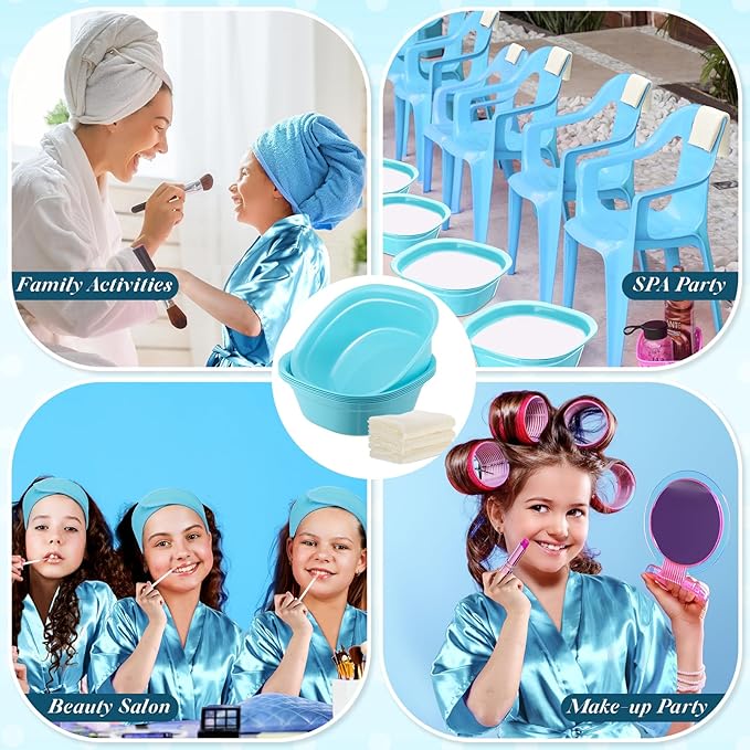 24 Pcs Kids Spa Party Supplies Includes 6 Spa Party Robes 6 Basins 6 Makeup Headband 6 Towels for Sleepover Bath (Blue)