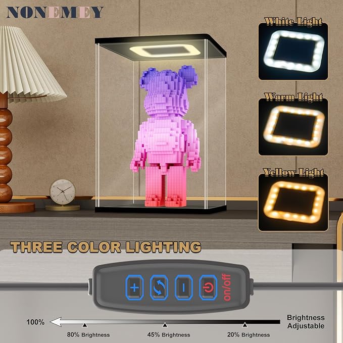 NONEMEY Acrylic Display Case with Led Light for Bearbrick，Assemble Clear Acrylic Display Case Stand Dustproof Protection Showcase Organizer Box for Action Figures(9.8×7.9×157inch,25×20×40cm)