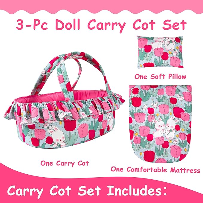 Doll Carry Cot Set, Soft 3PC Set Includes Cot, Mattress and Pillow, Rose Rabbit Doll Bassinet, Fits for 10-12 Inch American Girl Dolls