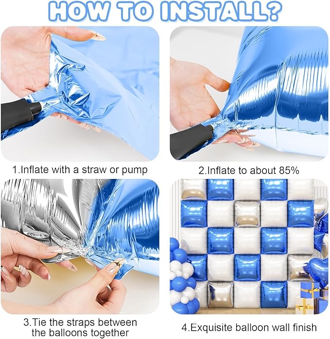 Blue Silver White Square Foil Balloon Wall,25Pcs Double Sided Foil Balloons Backdrop Helium Polyester Tunnel Arch Garland Kit for Birthday Bridal Anniversary Baby Shower Party Decorations