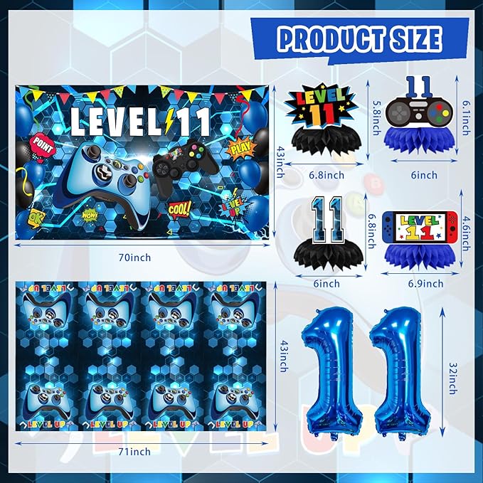 11th Birthday Decorations for Boys, 149Pcs Blue Video Game level 11 Party Supplies for Boy 11th Birthday - Backdrop, Banner, Balloons, Tablecloth, Centerpieces, Hanging Swirls, Wall Signs