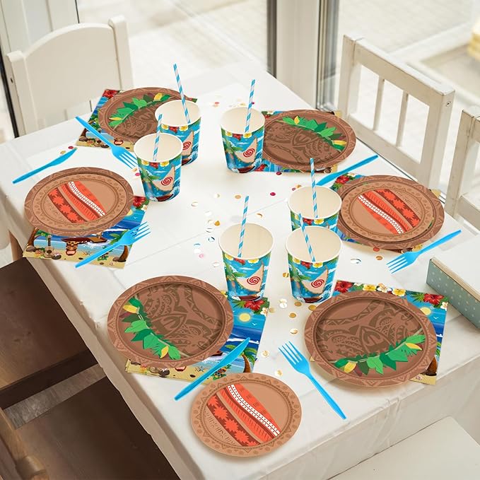 168PCS Ocean Party Supplies for Boys Girls Cartoon Beach Themed Party Decorations Hawaii Tableware with Paper Plates Cups Forks Knives and Straws for 24 Guests