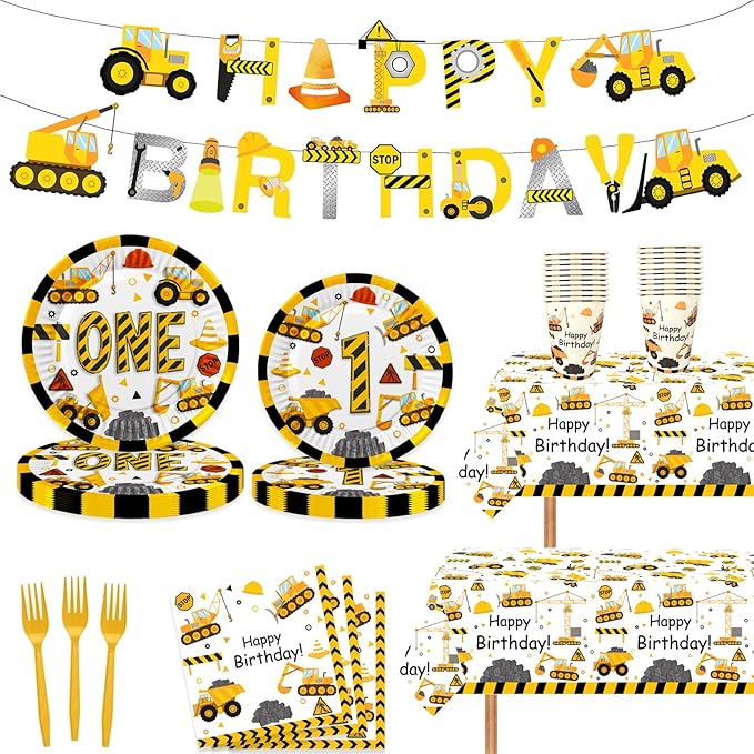118 Pcs Construction 1st Birthday Party Decor Dump Truck One Years Old Disposable Paper Plates Napkins Forks Cups Tablecloth Banner Dinnerware for Im Digging Being 1 Bday Baby Shower Party Supplies