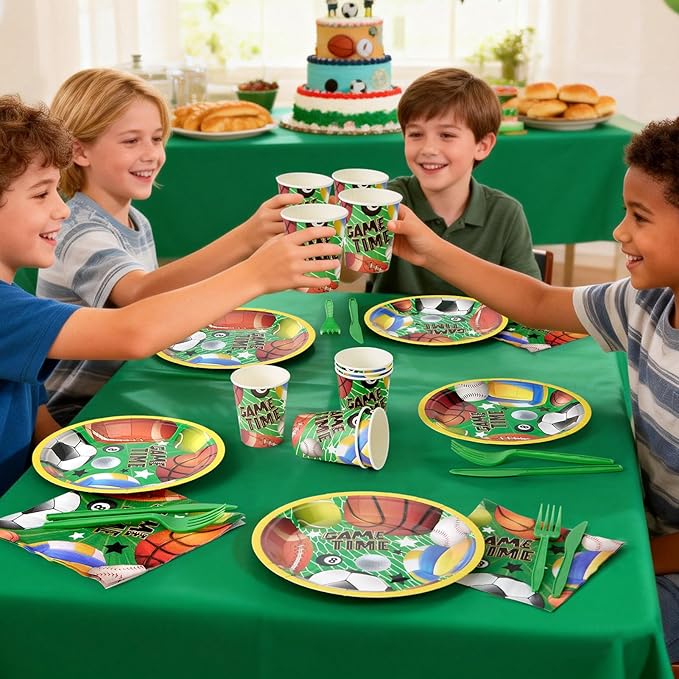 144Pcs Sport Ball Birthday Party Supplies Decorations Ball Themed Paper Plates Napkins Vintage Party Tableware Disposable Dinnerware for Men Boy Birthday Baby Shower Table Decor, Serve 24