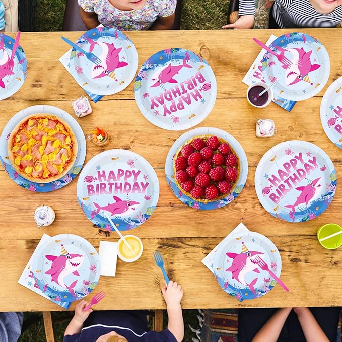 96Pcs Pink Shark Birthday Party Decorations for Baby Girl Shark Plates and Napkins Pink Babyshark Tableware Set for Girls Ocean Beach Under The Sea Birthday Party Supplies，Serves 24