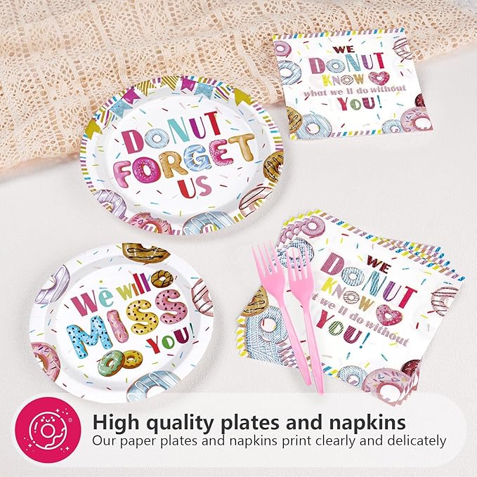 96PCS Farewell Retirement Party Supplies Colorful Donut Forget Us Plates and Napkins Disposable We Will Miss You Tableware Set for Coworker Going Away Retirement Party Decorations Serves 24