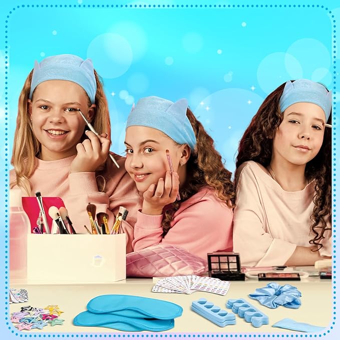 122 Pcs Blue Girls Spa Party Kit, 10-Pack Slumber Party Favors with Satin Robes, Tote Bags, and Nail Salon Accessories for Kids Spa Birthday, Halloween, Home Party Supplies