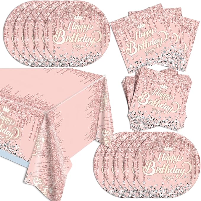 41pcs Pink and Silver Party Supplies ,include 20 dessert plate,20 Napkin and 1pcs Tablecloth,Used for Pink Glitter and Silver Birthday Party Decoration