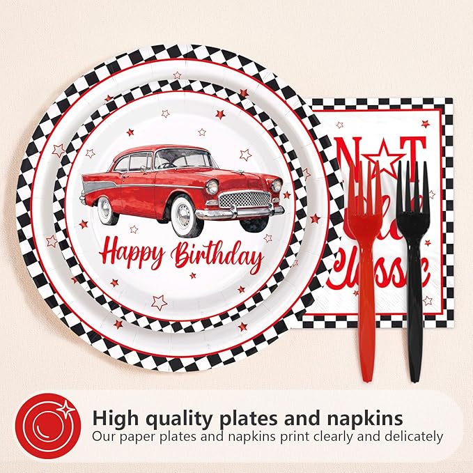 96Pcs Classic Car Birthday Party Decorations I am Not Old I am Classic Birthday Plates and Napkins Sets Vintage Red Car and Star Decorations for Adult Men Vintage Cars Bday Party Supplies Serves 24