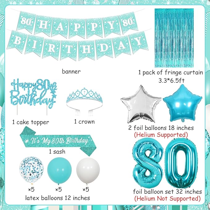 Funmemoir Teal 80th Birthday Decorations for Women - Happy 80th Birthday Banner Sash Tiara Foil Balloons Foil Fringe Backdrop and Cake Topper, Teal Blue 80 Years Old Party Supplies